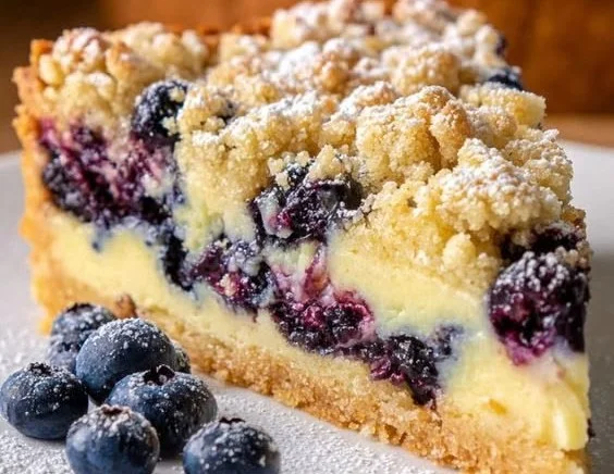 Blaubeerkuchen mit Pudding und Streuseln auf einem Teller serviert