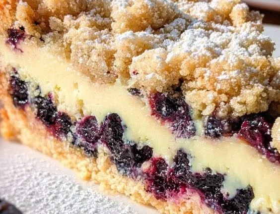 Blaubeerkuchen mit Pudding und Streusel