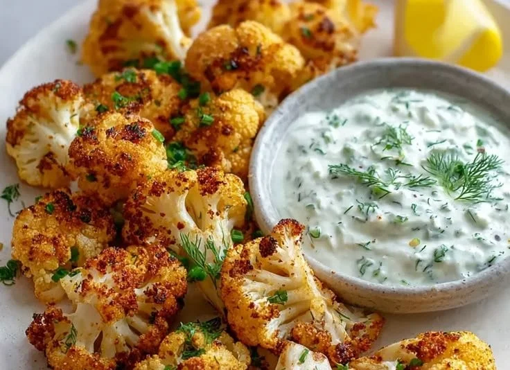 Leckerer Blumenkohl im Airfryer mit Kräuterquark auf einem Teller serviert.