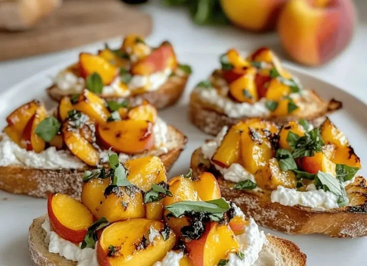 Bruschetta mit Pfirsichen und Ricotta auf einem Holzbrett serviert.