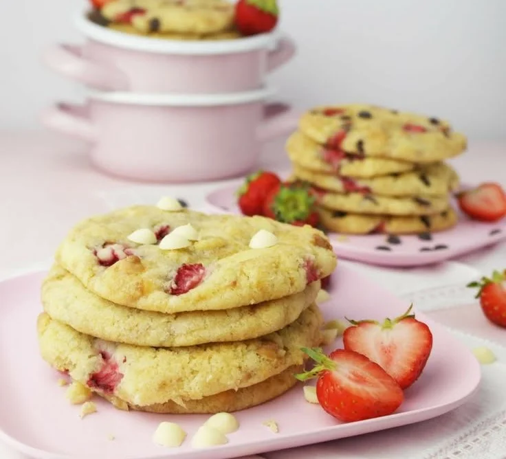Erdbeer-Schokoladen-Cookies frisch gebacken auf einem Teller