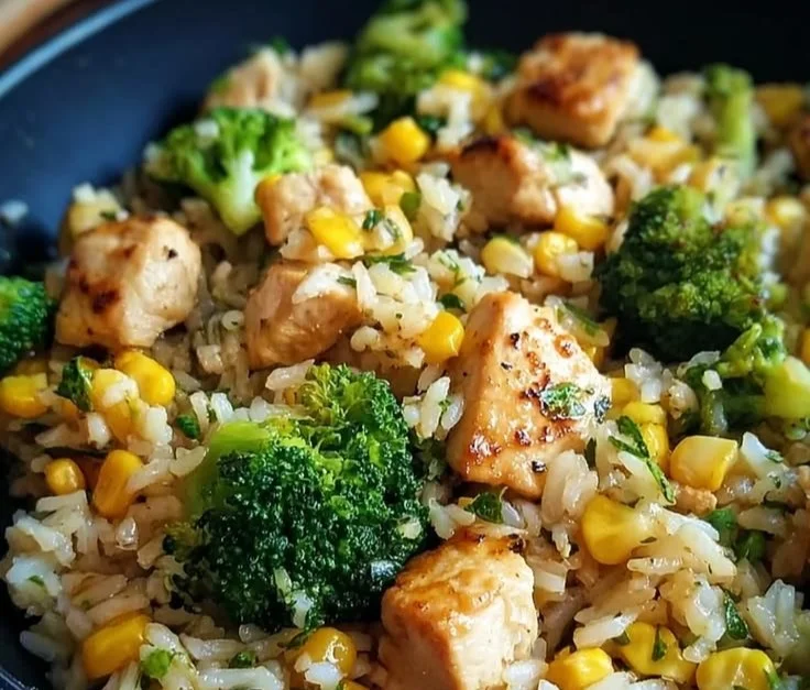 Hähnchen-Reis-Pfanne mit Brokkoli und Mais auf einem Teller serviert