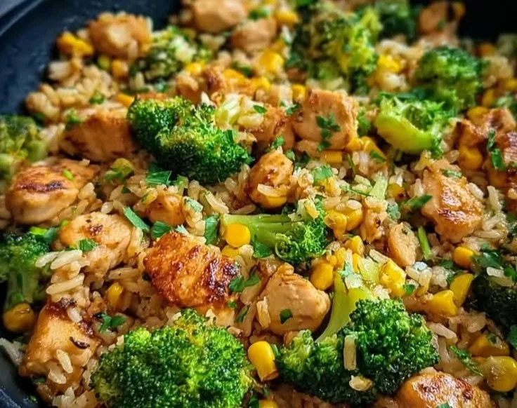 Hähnchen-Reis-Pfanne mit Brokkoli und Mais
