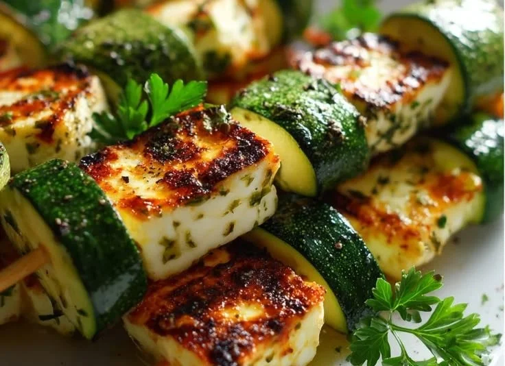 Gegrillte Halloumi-Zucchini-Spieße auf einem Teller, appetitlich angerichtet.