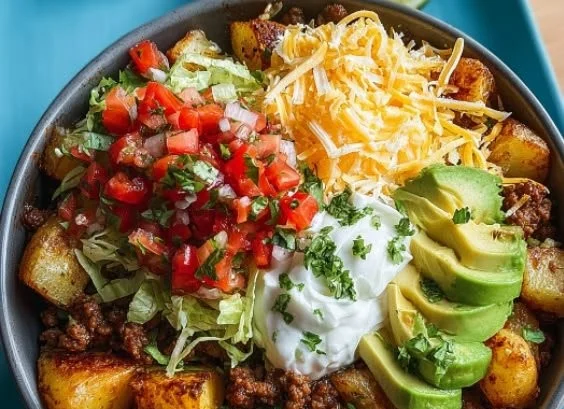 Kartoffel-Taco-Bowl mit frischen Zutaten in einer Schüssel serviert