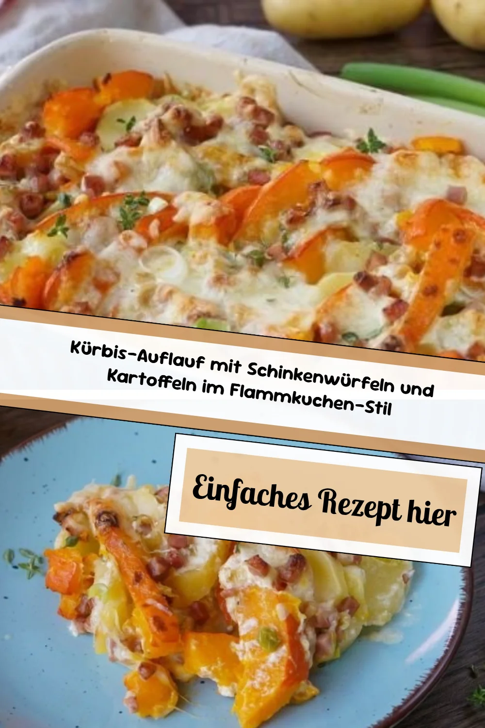 Kürbis-Auflauf mit Schinkenwürfeln und Kartoffeln im Flammkuchen-Stil
