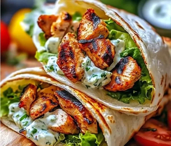 Mediterranes Hähnchen-Gyros serviert mit Feta-Tzatziki auf einem Teller