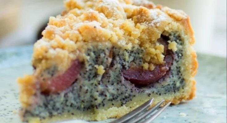 Pflaumen-Mohn-Kuchen mit Streuseln auf einem Teller, frisch gebacken.