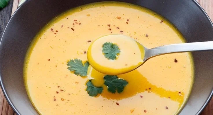 Schale mit pikante Kürbis-Kokos-Suppe garniert mit frischen Kräutern