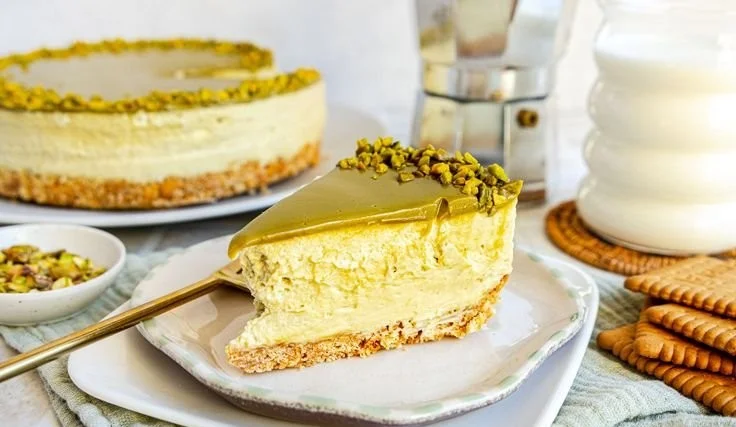Pistazien-Cheesecake ohne Backen auf einem Teller serviert