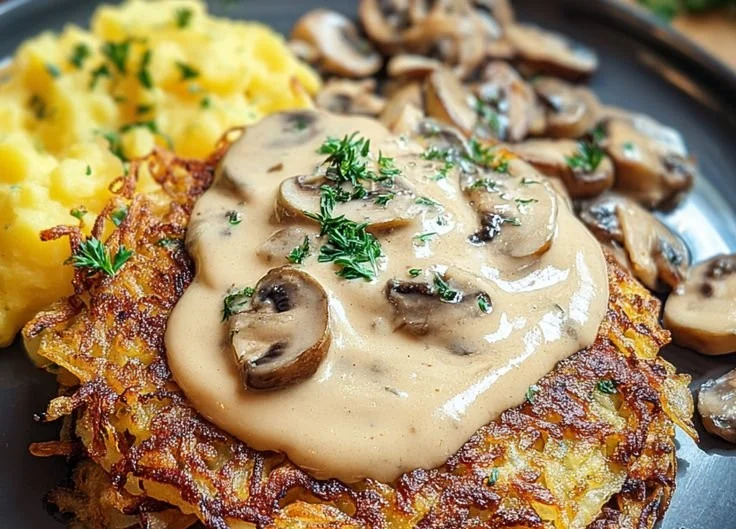 Rösti mit geschmolzenem Mozzarella und Pilzsauce serviert auf einem Teller