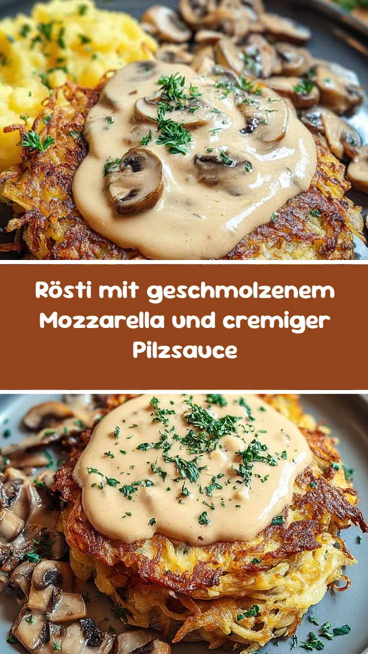 Rösti mit geschmolzenem Mozzarella und cremiger Pilzsauce