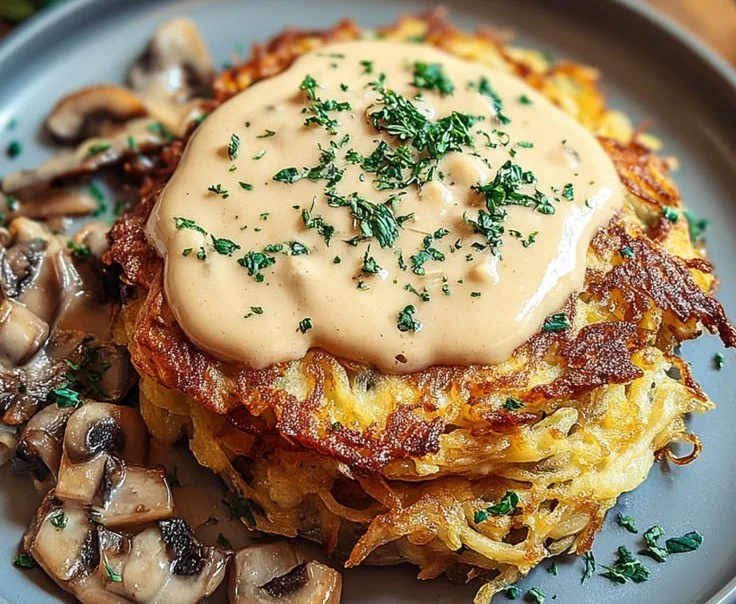 Rösti mit geschmolzenem Mozzarella und cremiger Pilzsauce