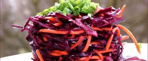 Rotkohl-Salat mit Karotten auf einem schönen Teller serviert