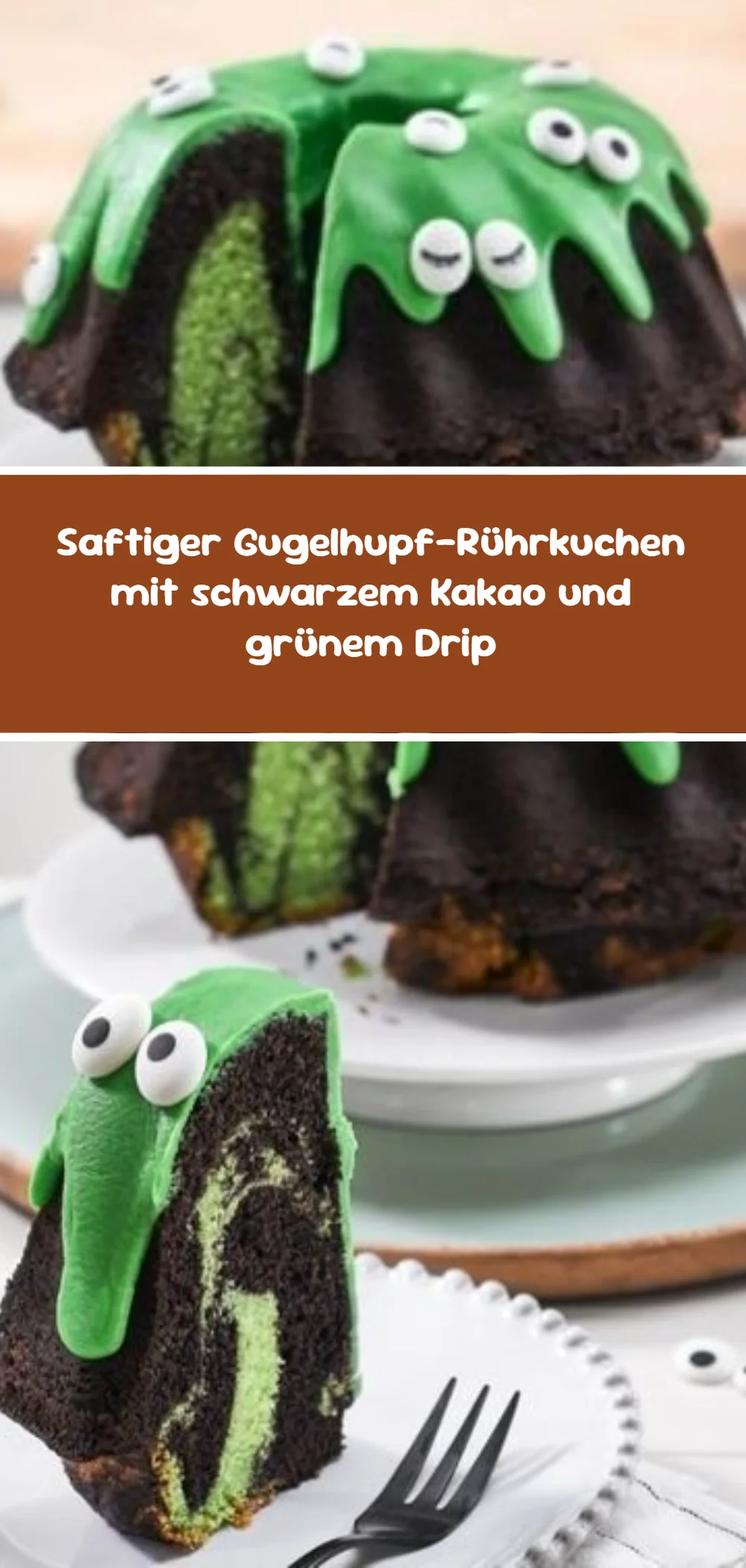 Saftiger Gugelhupf-Rührkuchen mit schwarzem Kakao und grünem Drip