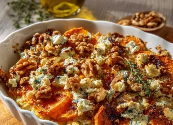 Süßkartoffelgratin mit Feta frisch aus dem Ofen, serviert in einer Auflaufform.