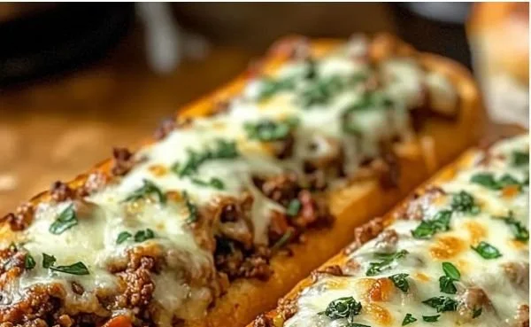 Überbackene Hackfleisch-Baguettes frisch aus dem Ofen