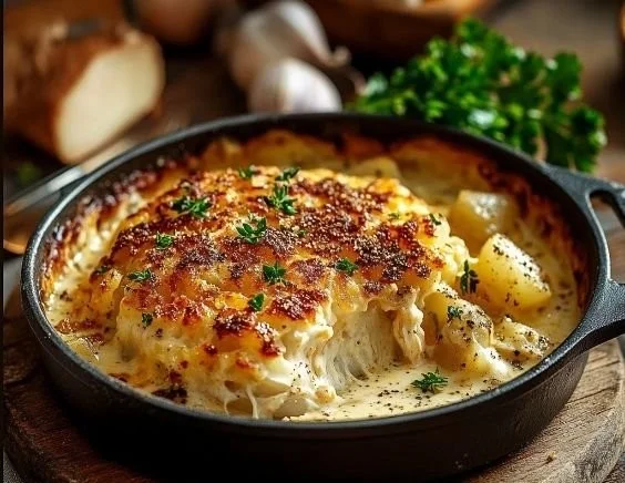 Überbackener Spitzkohl mit cremiger Sauce auf einem Teller